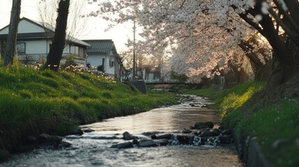 A quiet morning at the Funakawa River, with cherry blossoms swaying gently in the wind and birds singing in the trees.