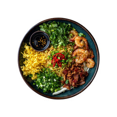 Delicious Asian Noodle Bowl with Shrimp, Bacon, and Herbs - Overhead View