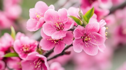 Fototapeta premium A row of peach trees in full bloom lining the path to Hikichi Bridge, creating a tunnel of flowers in Niyodogawa.
