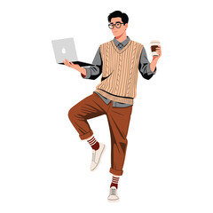Hipster Man Working with Laptop and Coffee