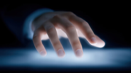 Fingers hovering over glowing digital screen with soft light, creating futuristic and focused atmosphere