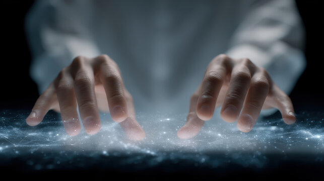 Fingers interacting with glowing digital interface, futuristic technology concept with floating quantum AI elements and light