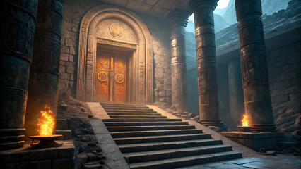 Ancient temple entrance with ornate doors and glowing braziers