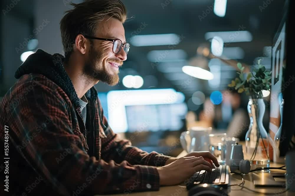 Poster man with glasses smiling while typing on a computer in dim lighting at nighttime