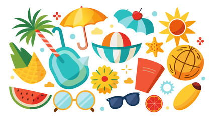A collection of summer icons is isolated on white background, showcasing tropical fruits, beach accessories, and summer activities, creating a bright and cheerful mood