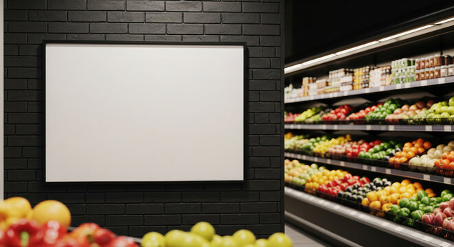 Blank white frame on black brick wall in supermarket setting, showcasing free space for advertisement or text, perfect for retail mockup or banner