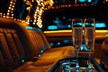 Luxury limousine interior showcasing premium leather seating with sophisticated ambient lighting and elegant champagne flutes in foreground perfect for exclusive transportation service concept