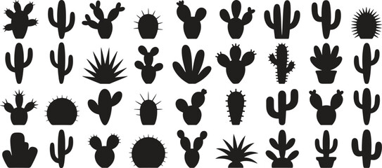 Collection of diverse cactus silhouettes isolated on white background
