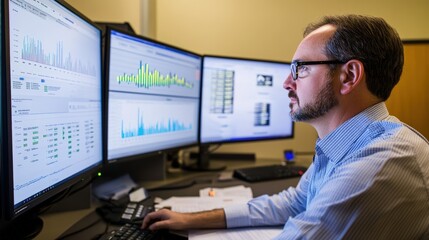 Professional investigators analyzing complex financial data on multiple computer screens in modern office examining suspicious patterns for antitrust violations and regulatory enforcement