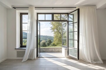 Open french doors revealing scenic landscape with sunlight white sheer curtains dark window frames