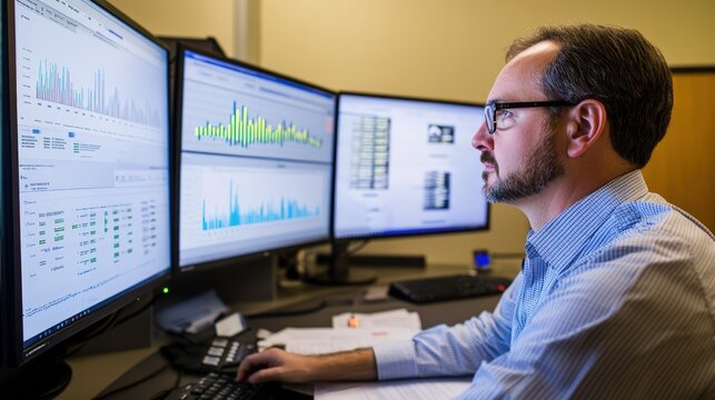 Professional investigators analyzing complex financial data on multiple computer screens in modern office examining suspicious patterns for antitrust violations and regulatory enforcement
