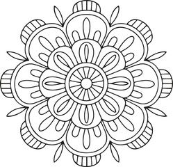 Intricate Black and White Mandala Design: Elegant, Symmetrical, Spiritual, Coloring Book Style Illustration
