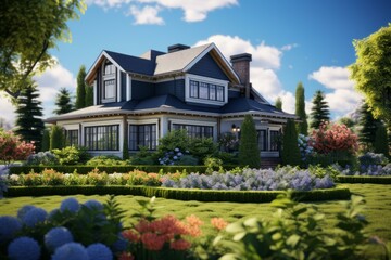 Beautiful classic blue house with brick chimney and large garden with colorful flowers and green lawn illuminated by the sun