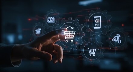 A hand interacts with a digital interface displaying shopping cart icons and gears, representing online commerce and technology.