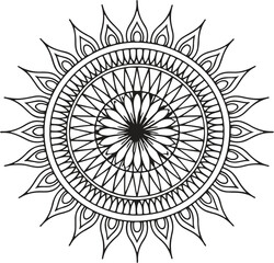 Intricate Black and White Mandala Design: Elegant, Symmetrical, Spiritual, Coloring Book Style Illustration