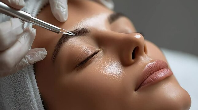 Close up of woman receiving eyebrow threading treatment with gloved hands and tool
