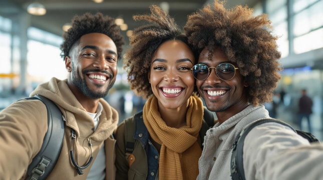 Happy Travelers Taking Selfie in Airport