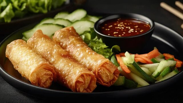 A delicious and healthy Southeast Asian snack featuring crispy fried spring rolls, vibrant vegetables and a tasty dipping sauce.