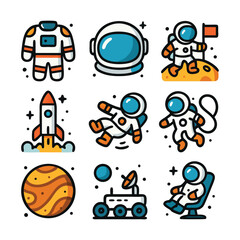 Nine cute spacethemed icons featuring astronauts, rockets, planets. Ideal for childrens books, educational materials, sciencethemed designs, stickers, and posters.
