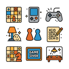 Nine colorful game icons including chess and tictactoe. Suitable for gaming websites, online apps, and educational materials for kids.