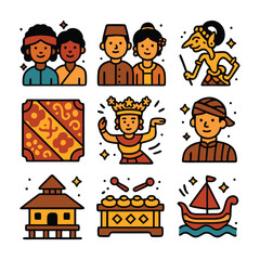 Javanese culture icons  people, clothing, instruments. Perfect for travel brochures, cultural presentations, educational materials, and websites related to Indonesia.