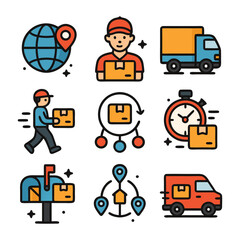 Nine colorful delivery service icons suitable for websites, apps, flyers, posters, and social media. Perfect for logistics and courier companies.