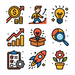 Nine business growth icons suitable for presentations, infographics, websites, and social media. Vector illustrations of business success and progress concepts.