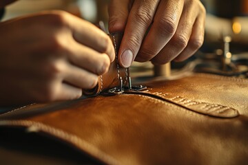 Close-up of skilled artisan hands carefully sewing luxury leather handbag in traditional workshop with warm lighting showcasing authentic craftsmanship and premium heritage branding concepts