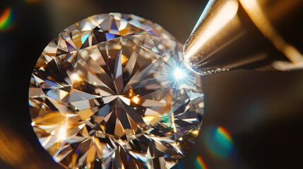 Close-up of cultured diamond being laser-inscribed with microscopic certification mark showcasing advanced technology for gemstone authenticity assurance and quality verification processes