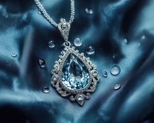 Close-up of custom-cut aquamarine pendant with intricate metalwork setting on indigo silk fabric with water droplets showcasing artistic jewelry craftsmanship and luxury gemstone design