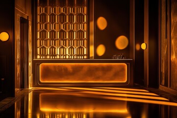 Classic art deco nightclub stage with golden luxury textures and theatrical spotlights capturing authentic 1920s jazz age atmosphere perfect for vintage glamour and retro party themes