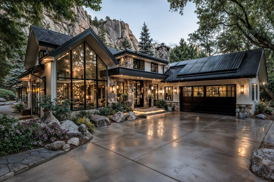 American house at dusk with large windows solar panels modern design stone and glass exterior facade