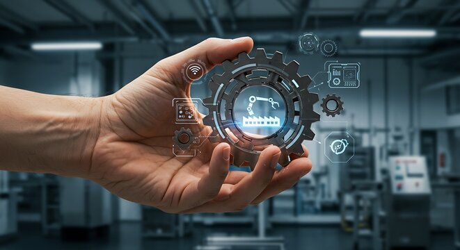 A hand holds a digital gear with a robotic arm icon, representing industry and automation in a factory setting. - Powered by Adobe