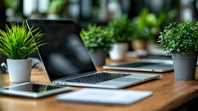 Modern office workspace with laptops and tablets