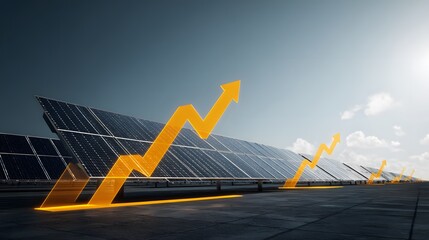field of solar panels extending into the horizon with floating business growth indicators
