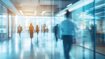 Abstract glass wall of corporate office with blurred people walking in professional business environment perfect for finance technology and modern workplace concept backgrounds