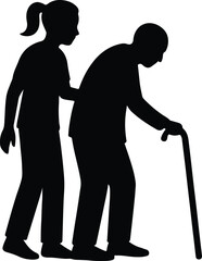 Silhouette caregiver assisting elderly man with cane stick Vector illustration