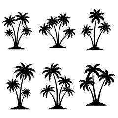 Silhouette Collection: Six Tropical Palm Trees, Minimalist Black and White, Island Vacation Theme, Vector Graphics.