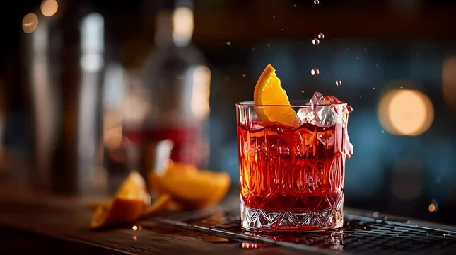 A cocktail being poured into a glass with ice and an orange slice on a bar top