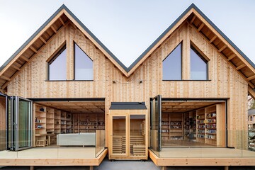 Exterior view of modern wooden house with gabled roof and open library spaces on either side of sauna