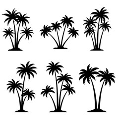 Silhouette Collection: Six Tropical Palm Trees, Minimalist Black and White, Island Vacation Theme, Vector Graphics.