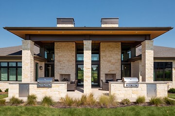 Covered patio with stone columns fireplaces and built in grills on a sunny day with blue sky above
