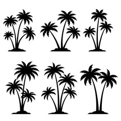 Silhouette Collection: Six Tropical Palm Trees, Minimalist Black and White, Island Vacation Theme, Vector Graphics.