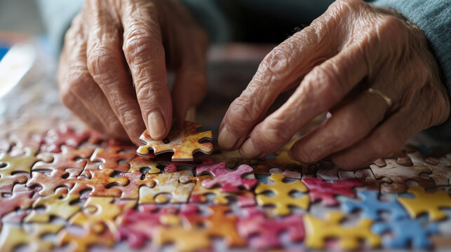 Senior citizen's hands actively engaging with cognitive stimulation puzzle activity promoting brain health and mental agility for elderly dementia prevention and neurological wellness