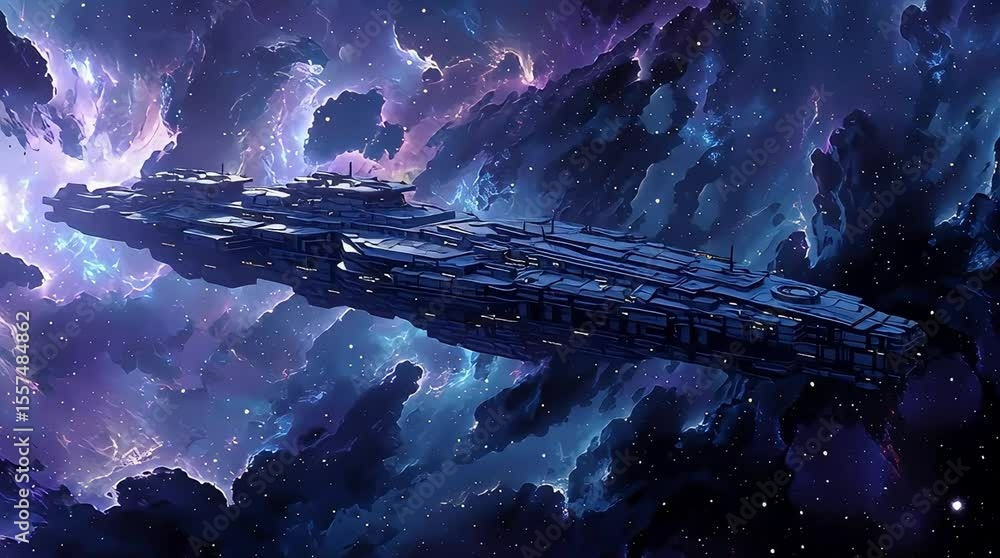 Poster A futuristic spaceship flies through a vibrant and colorful nebula in deep space