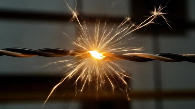 Electrical Short Circuit Sparks: A Close-Up View of Arcing Wires in a Dangerous Malfunction