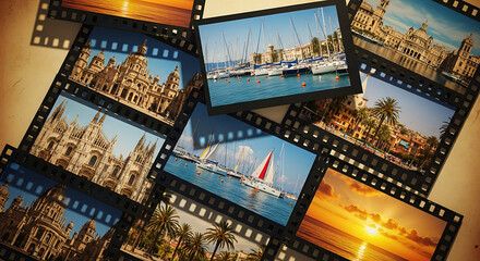 Collection of travel photos featuring european architecture sailboats and a sunset