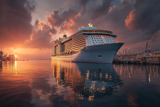 Giant luxury cruise ship docked at sunset with orange sky reflections on ocean near harbor buildings view