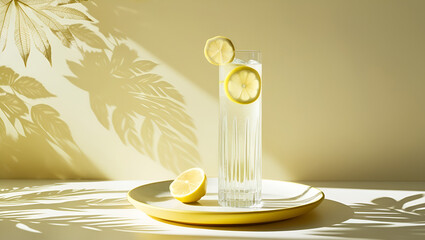 Clear glass of chilled lemon water with bright yellow slices, illuminated by sunlight and leaf-shaped shadows.

