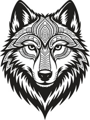 Ornate Mandala Wolf Head:  Intricate Line Art, Spiritual Animal, Black and White Design, Mystical Wildlife Illustration.